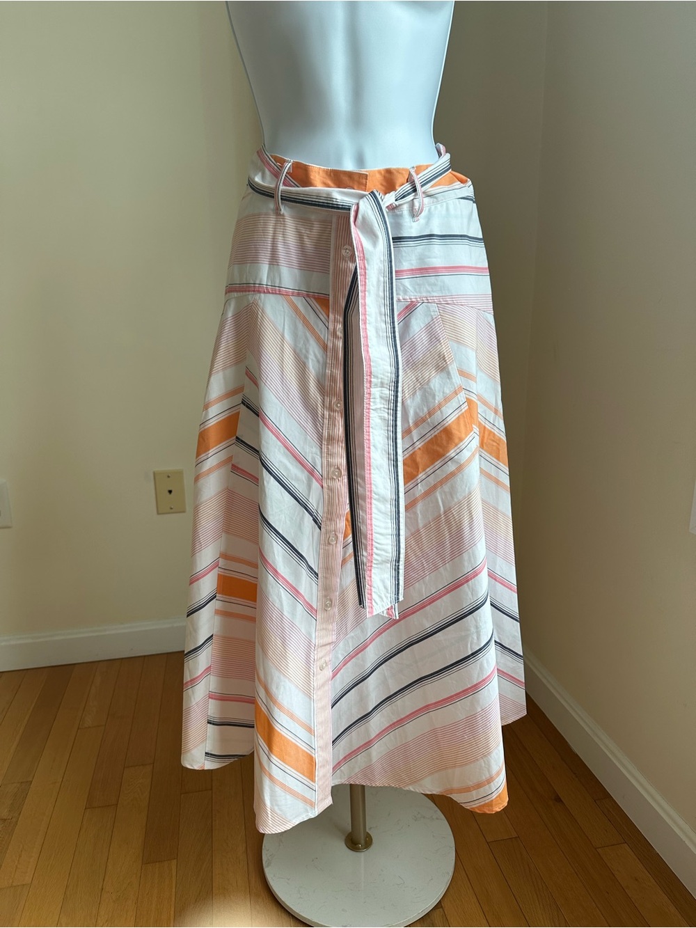Button-Front Midi Skirt with Self-Tie Belt - Pink, Orange & White Stripe